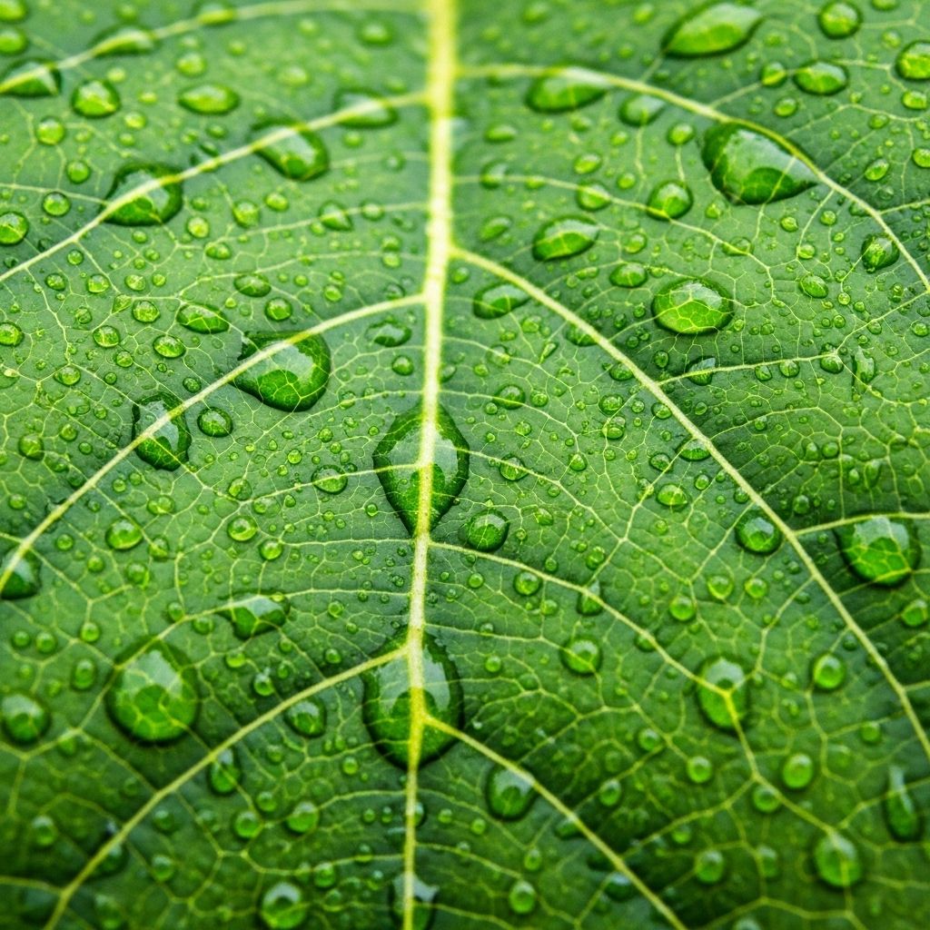 Close-up macro photograph of fresh green leaf with water droplets showing intricate cellular structure and natural texture in soft natural light