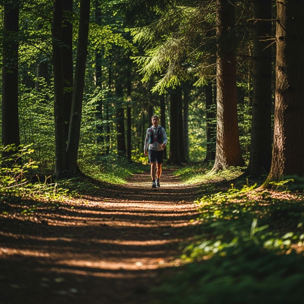 Person walking along a quiet forest path surrounded by tall trees and dappled sunlight representing a calm and active outdoor lifestyle