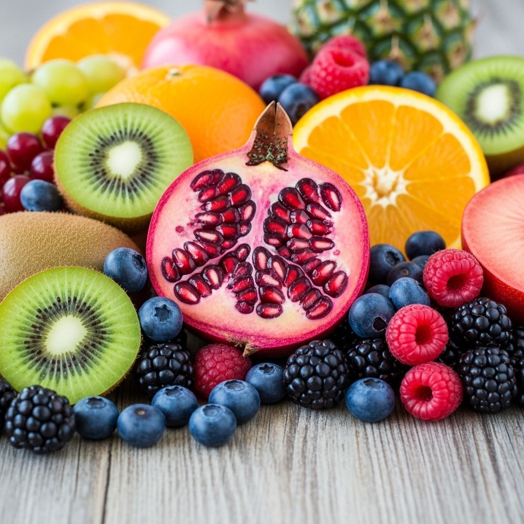 Colourful assortment of fresh tropical and seasonal fruits including kiwi orange pomegranate and berries arranged on a rustic wooden surface